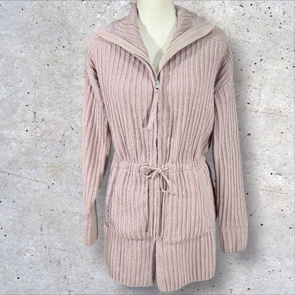 FLX Womens Commuter Sweater Jacket Ribbed Fleece Small Mauve Pink Drawstring Zip - Picture 1 of 10